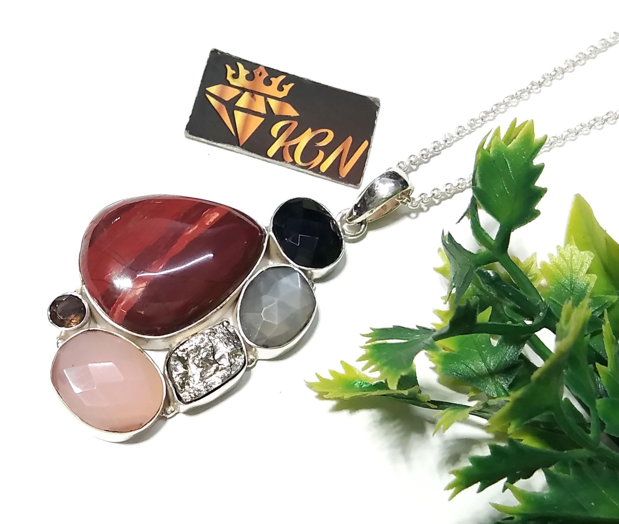 ALL Natural Gemstone Pendant, Red Jasper With Real Multi Stone Pendant, 925 Starling Silver Jewelry Pendant, Handmade Chain Necklace Pendant